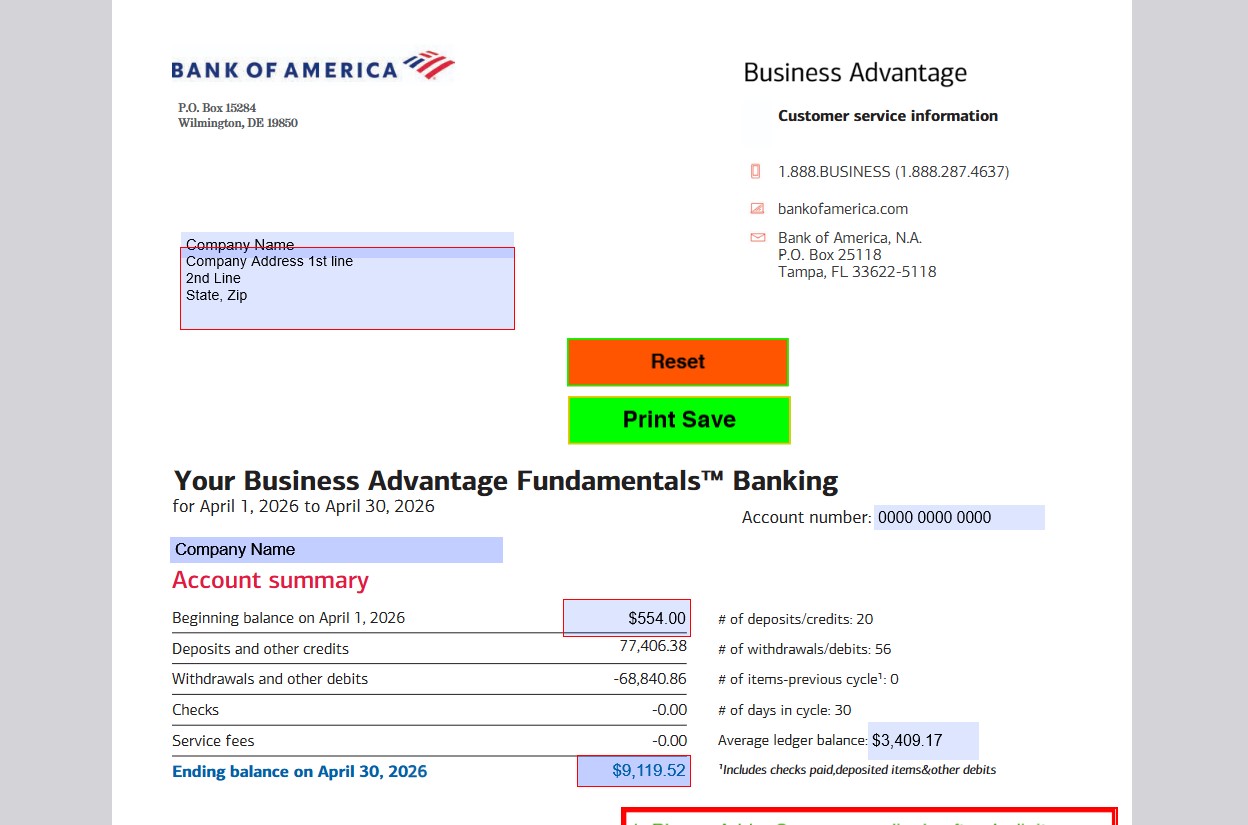 2026 April BofA Business Bank Statement Template – Editable PDF & Word Format